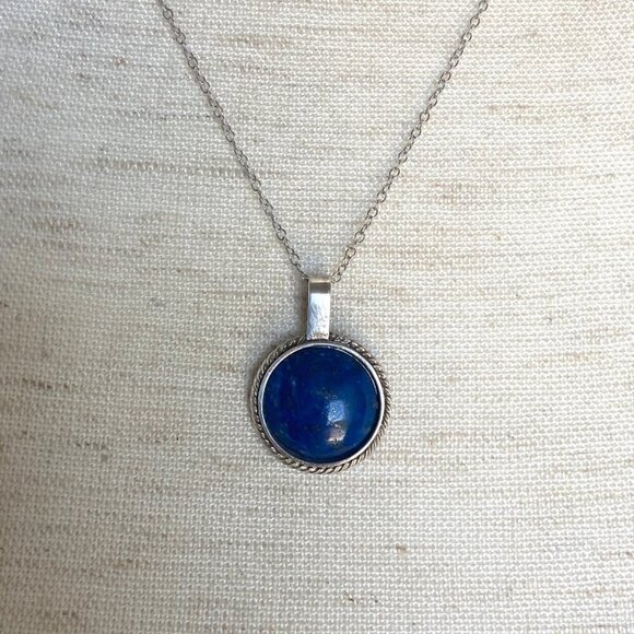 950 Silver Dainty Round Lapis Lazuli Pendant Cabochon Necklace 18" Cable Chain - Picture 11 of 16